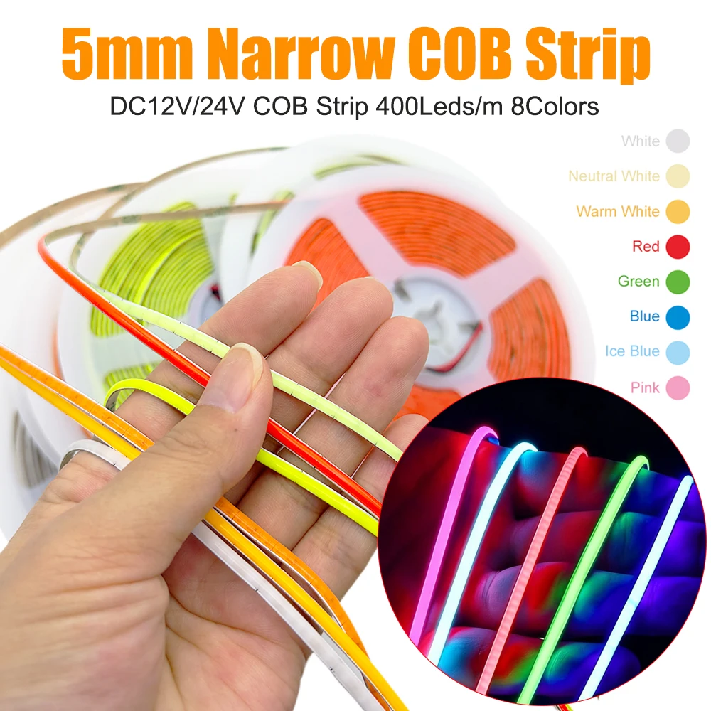 DC12V 24V 5mm Ultra Narrow COB LED Strip High Density 400LEDs/M IP30 Red/Green/Blue/Pink Flexible Linear Lighting DIY Decoration