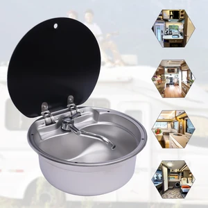 Stainless Steel RV Hand Wash Basin, Round Kitchen Sink, with Lid & Tap, Caravan Camper Van Boat Sink, Hot Cold Faucet