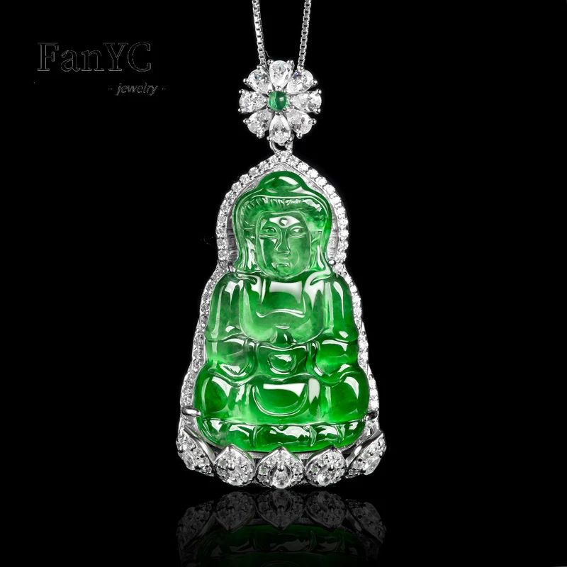 

Myanmar A-goods Jadeite Guanyin Pendant S925 Silver Inlaid High-grade Luxury Ice Jade Necklace Men and Women Holiday Gift