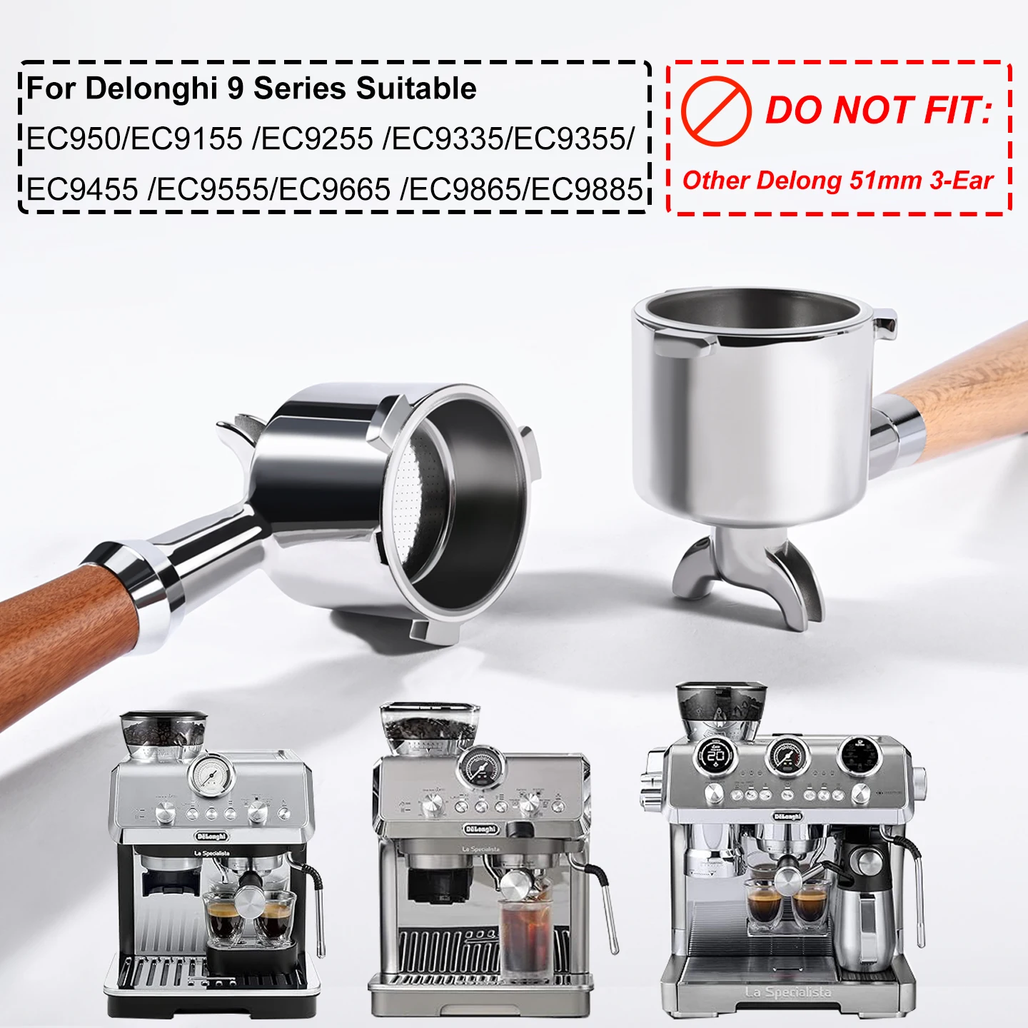 51 mm Doppelauslauf-Siebträger für Delonghi 9-Serie Kaffeemaschine EC9155/EC9255/EC9335/EC9355/EC9455/EC9665/EC9865 Zubehör