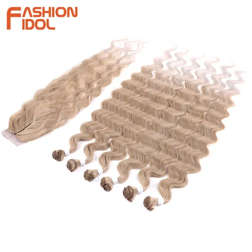 Imagen 2 del producto FASHION IDOL 36 pulgadas/90 cm 320g/7 piezas pelo ondulado mechones de pelo falso sintético con cierre extensiones de cabello trenzado Rubio para mujeres