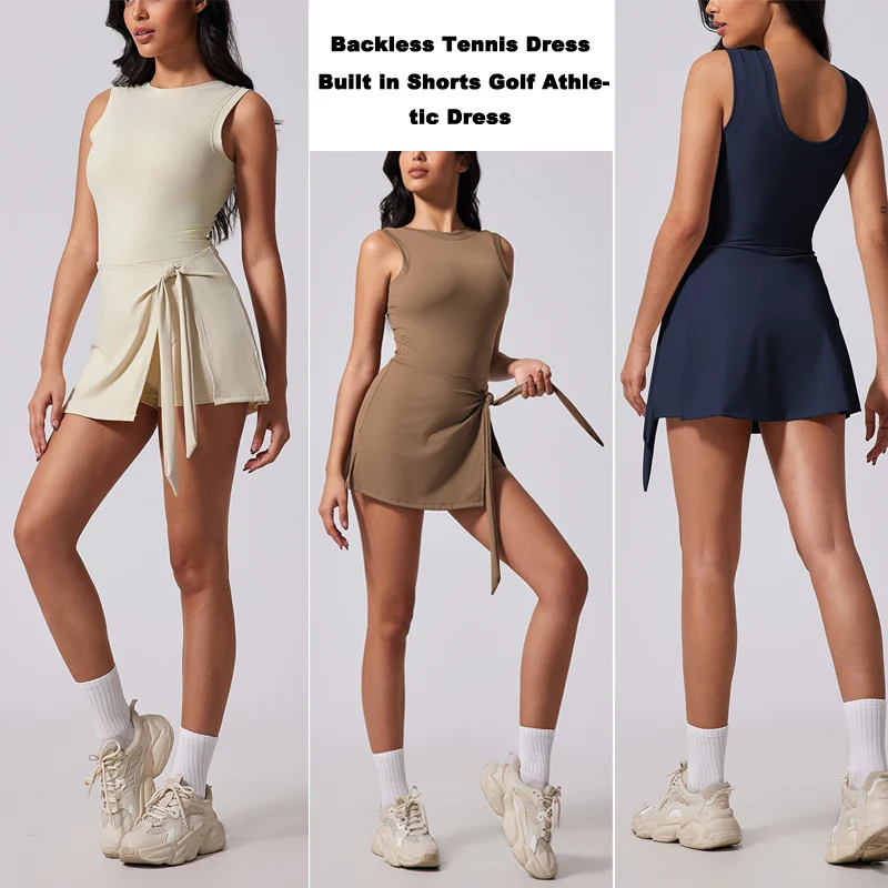 Tennisjurk met boothals, golfjurk voor dames met ingebouwde korte mouwloze rugloze sarong-wikkelactieve jurk, workout-romperjurk