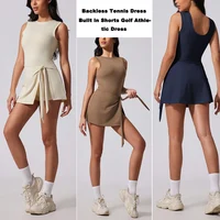 Boat Neck Tennis Dress Golf Dress for Women with Buit-in Short Sleeveless Backless Sarong Wrap Active Dress Workout Romper Dress - Image 6