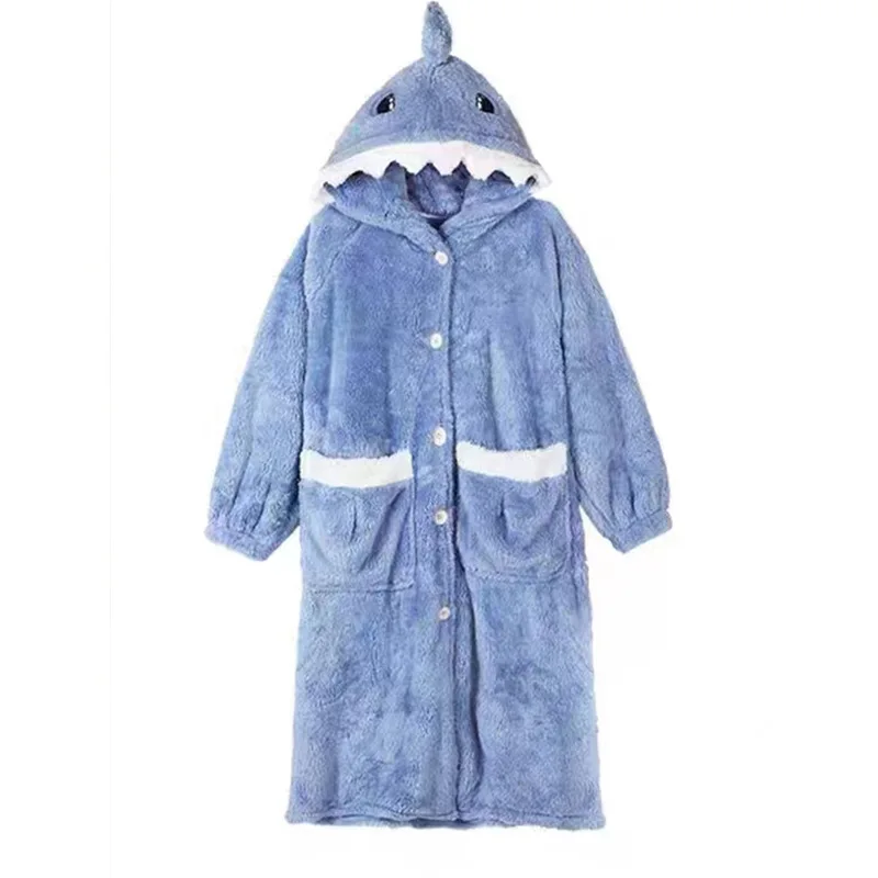 Women\'s Pajamas Thickened Warm Flannel Cartoon Shark Sleeping Robe Animal women\'s Two Pieces set Men Women Plush Thick Sleepwear