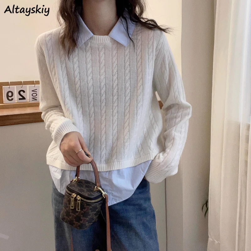 Pullovers Women Fake 2 Pieces Autumn Knitted All-match Sweaters Classic Keep Warm Daily Свитер Женский Pleated Hot Sale Design