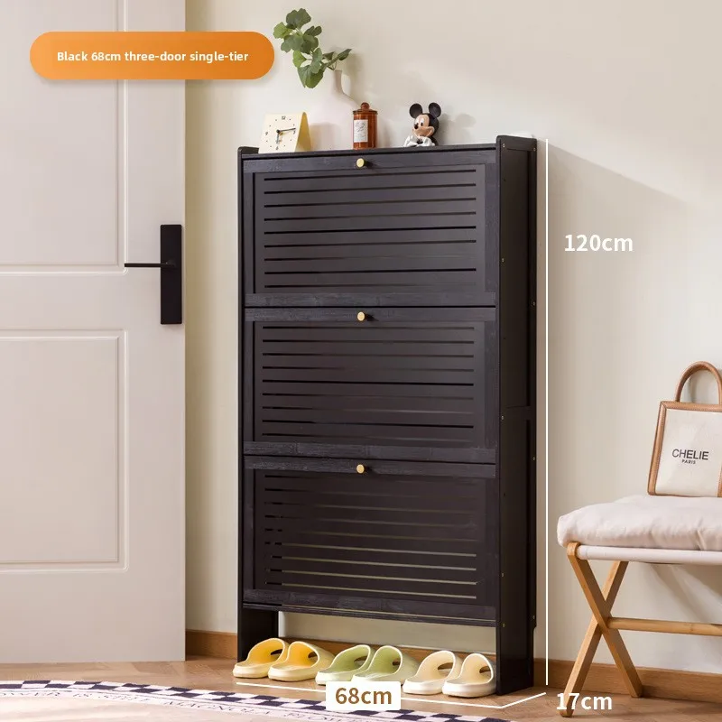 Minimaal ultradunne houten schoenenkast, moderne multi-laagse opklapbare schoenenrek, bamboe schuifdeur wandkast
