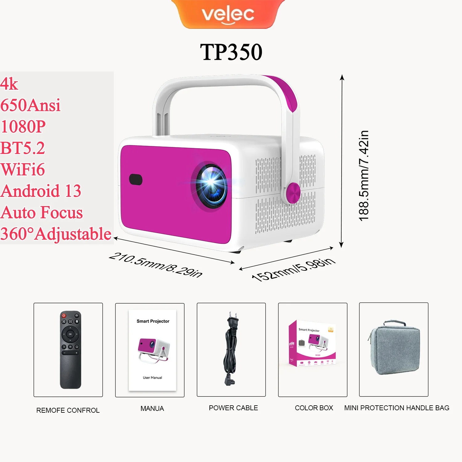 

Velec 4K 1080P HD Projector 650 ANSI Auto Focus Android 11 H713 Wifi6 BT5.2 Portable Outdoor Video Smart Home Theater Projectors