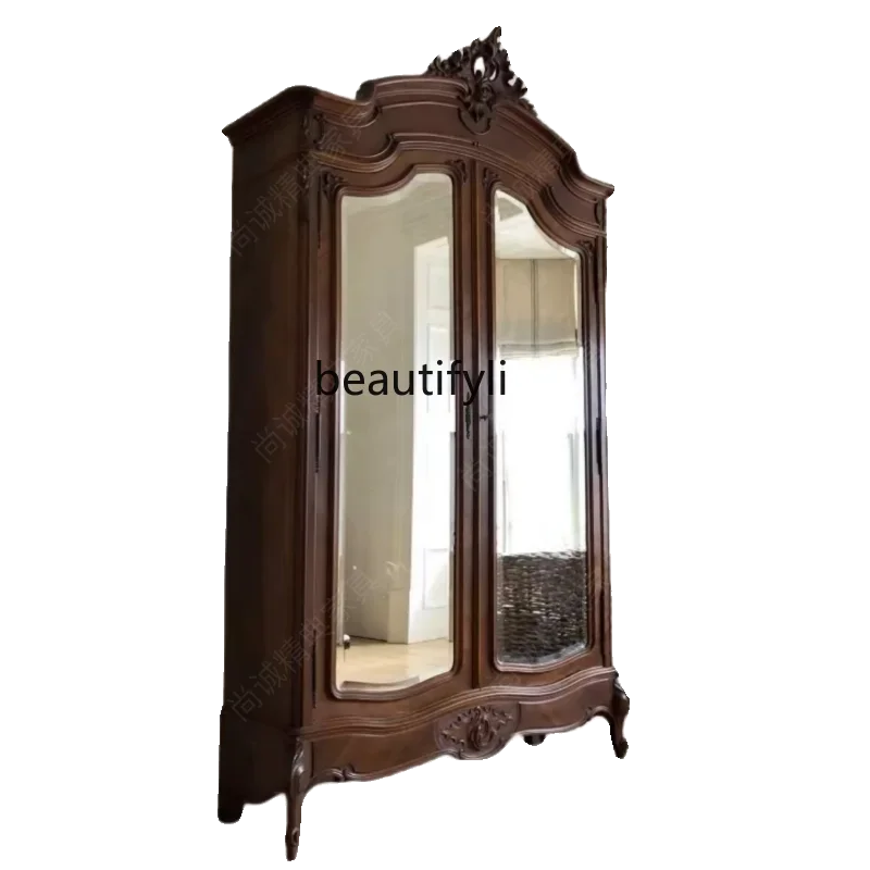 

Modern simple double-door wardrobe antique and old door wardrobe American carved solid wood wardrobe R