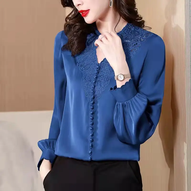 V-neck Imitation Silk Thin Temperament Workplace Lace Loose Lantern Sleeve Pullover Blouse Three-dimensional Decoration Women