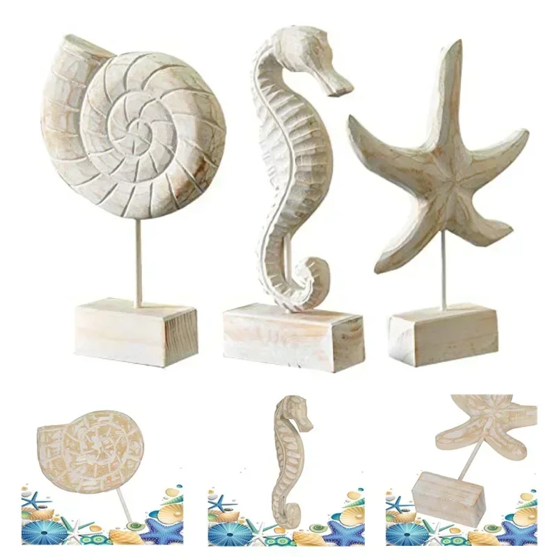 

3pc/set Wood Handmade Beach Nautical Style Figurines Starfish/Conch/Seahorse Statue Home Decor Ocean theme restaurant decoration