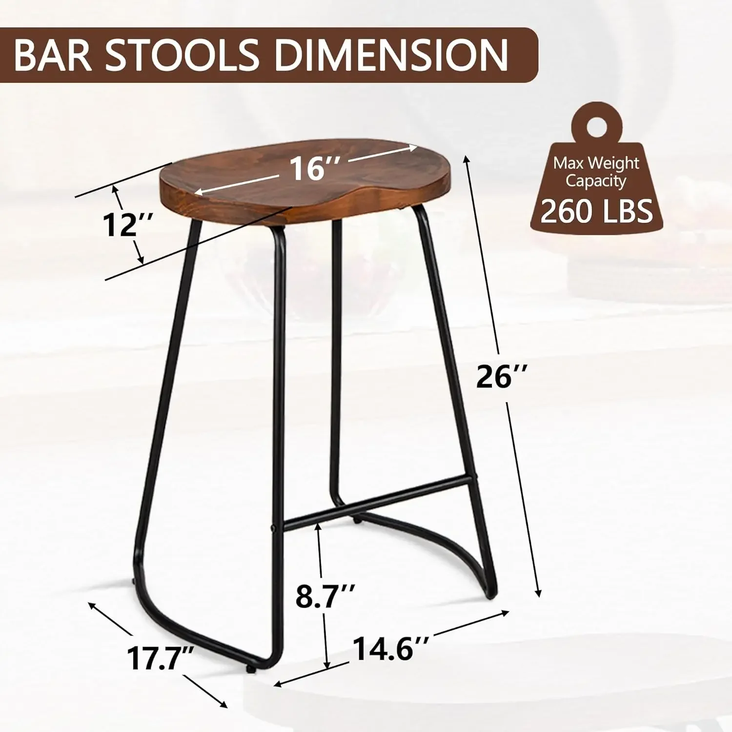 Rustic Saddle Seat Bar Stools Set of 3, 26 Inch Solid Wood Counter Height Barstool Chair for Kitchen Island