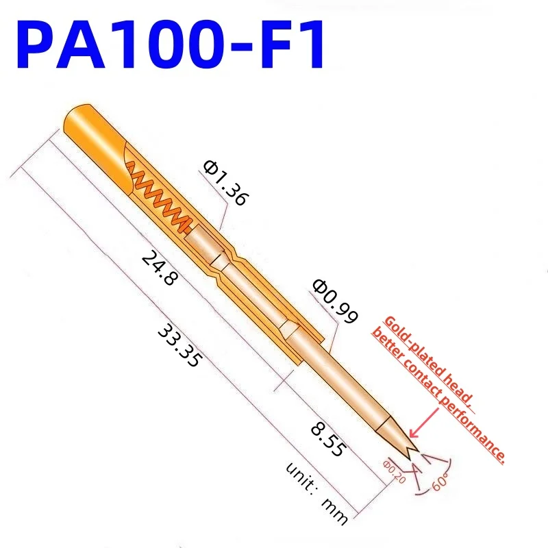 100PCS PA100-F1 Spring Test Probe PA100-F Test Pin P100-F P100-F1 Test Tool 33.35mm 1.36mm Needle Gold Tip Dia 0.99mm Pogo Pin