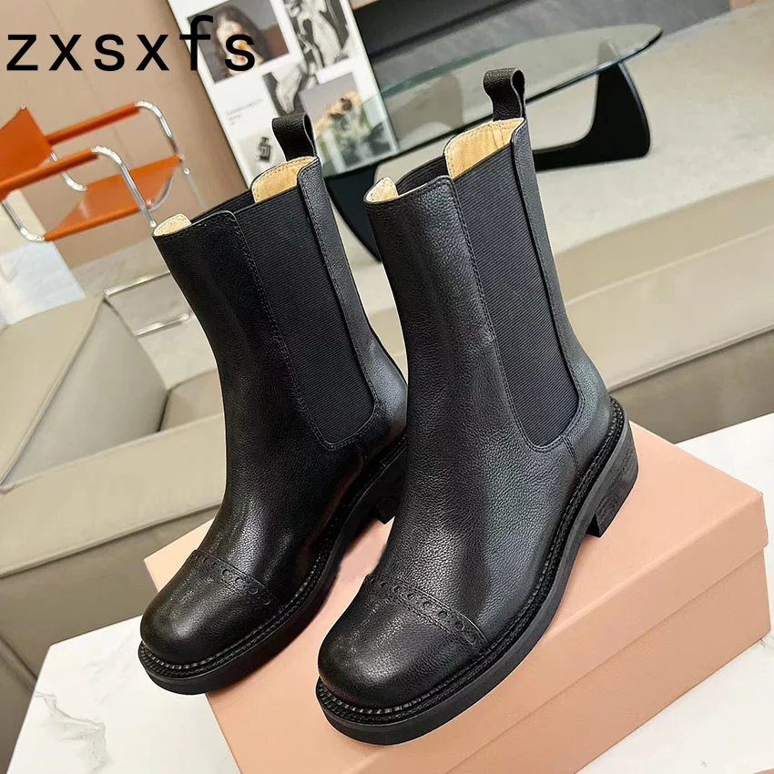 

Quality Leather Flat Ankle Boots For Women Square Heel Chelsea Boots Round Toe Casual Winter Shoes Platfrom Motorcyle Boots