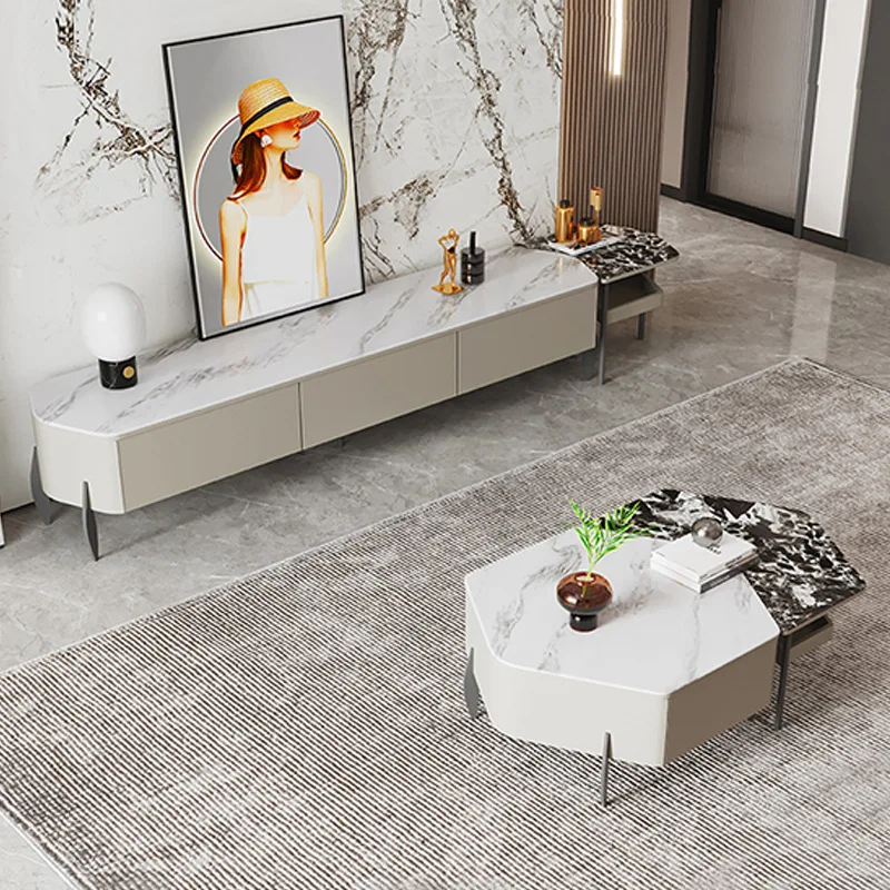 # Modern Living Room Furniture Rock Plate Storage Coffee Table Light Luxury Wood Tea Table With Drawer Tv Stand