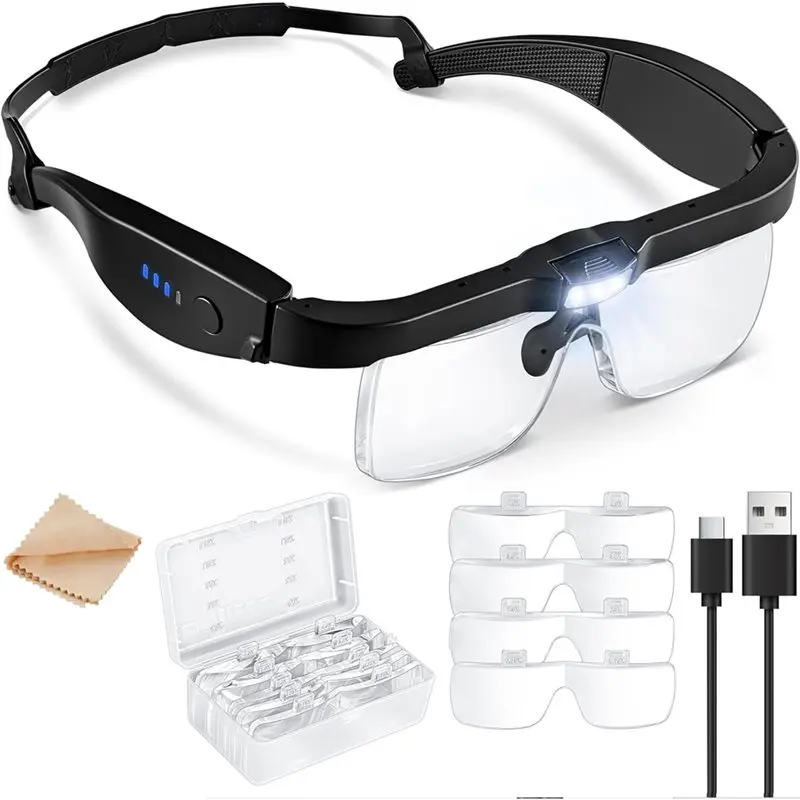 

B04C-Rechargeable Magnifying Glasses With 5 Lenses 0.75- 4.0X And 3 LED Lights, Magnifying Glass With Light