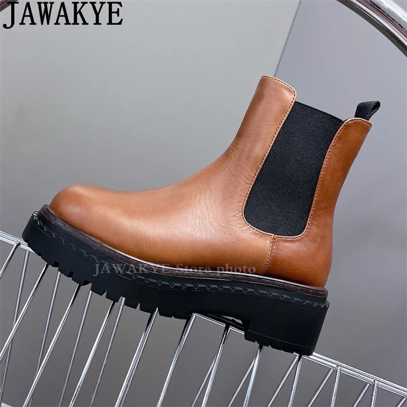 

Fashionable Thick Sole Casual Motorcycle Boots Woman Round Toe Elastic Slip On Platform Ankle Boots Real Leather Punk Boots Wome