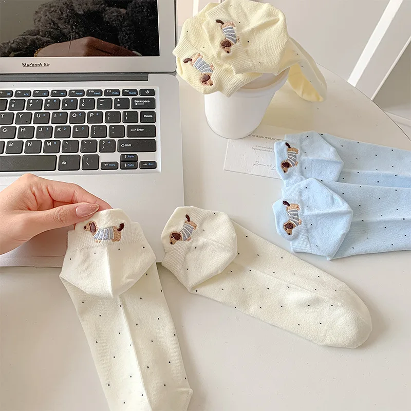 Spring Summer Thin Women Short Socks Polka Dots Cute Cartoon Sausage Dog Embroidery Boat Socks Pure Cotton Short Trendy Socks image 4