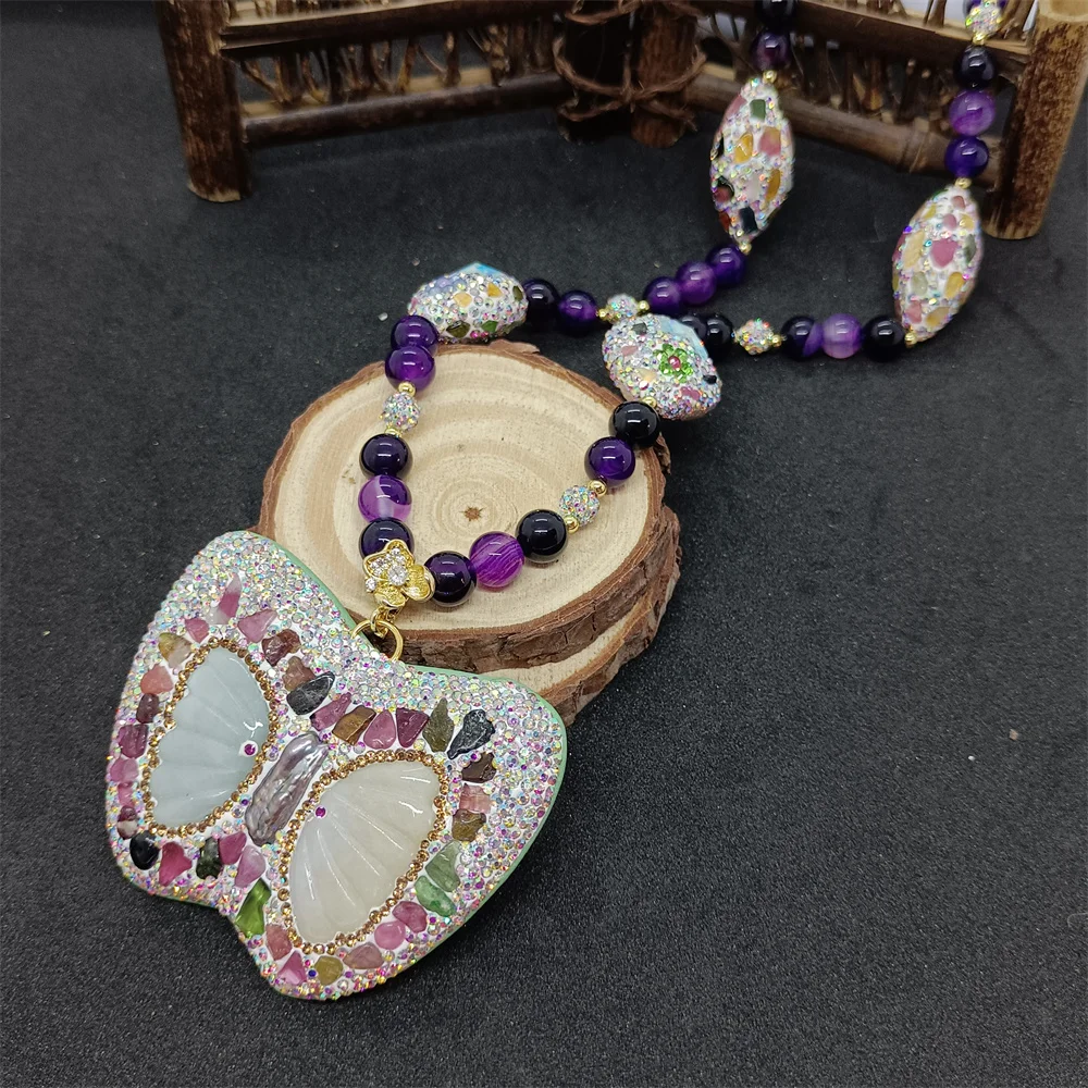 New Jade Butterfly Pendant Purple Agate Necklace Women's Fashion Personality Luxury Ladies Sweater Chain Exquisite Jewelry