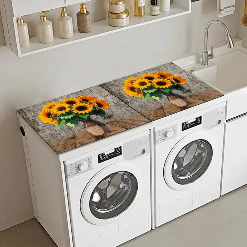 VIKAMA Warm Farmhouse Sunflower Vase Vintage Wood Washing Machine Mat Non Slip Water Absorbent Balcony Laundry Decor Pad