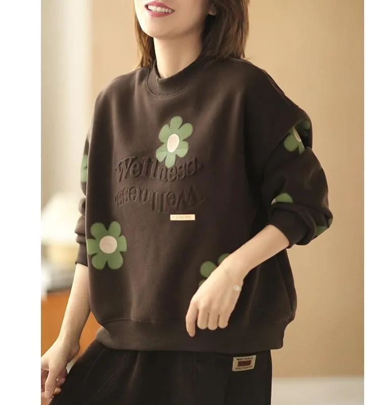 Moletons femininos plus size topos detalhes bege tendências invierno nova moda urbana estampada divertida costurado feminino jovem