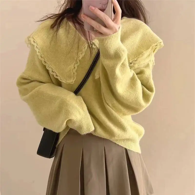 

Корейский пуловер с отложным воротником в стиле преппи, шикарный дизайн, кружевные лоскутные вязаные свитера, осень-зима, нежный стиль, топы с круглым вырезом