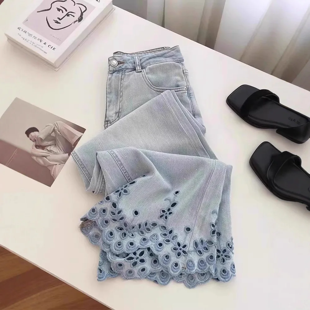 

Women Flare Denim Pants Solid Jeans Hem Cut Out Zipper High Waist Ankle Lenth Medium Strech Thin Y2k Streetwear 2025 Summer