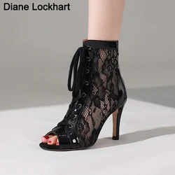 New Fashion Show Black Net Cross Strap Pumps Sexy High Heel Sandals Woman Shoes Mesh Lace-up Peep Toe Ankle bottes Stilettos