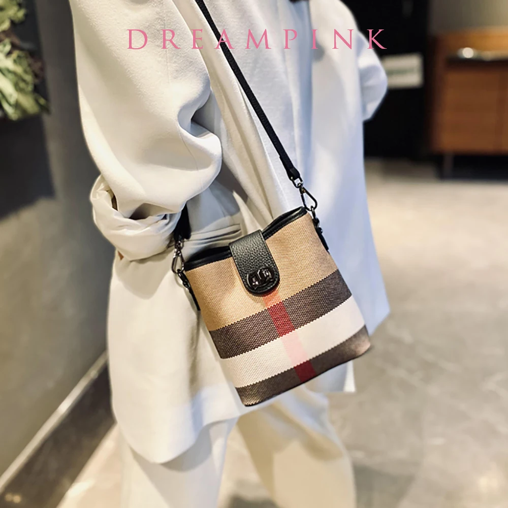 Fashion Versatile Plaid Canvas Bag For Women Luxury Small Stripes Leather Female Phone Shoulder Bag New Bucket Handbag For Girls