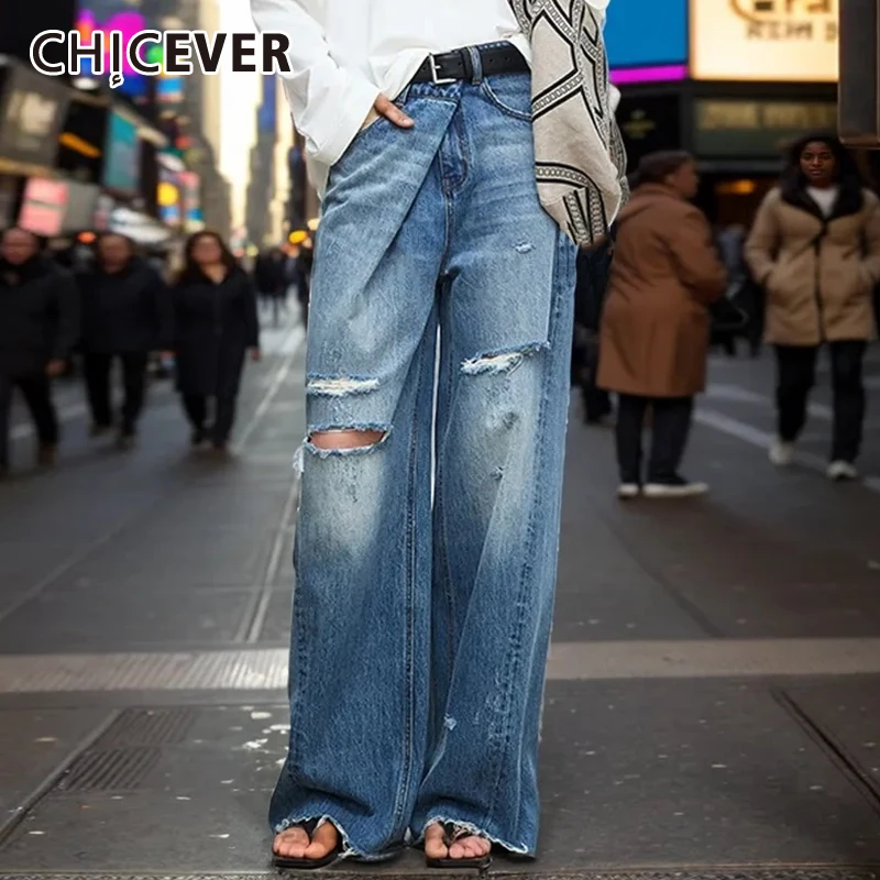 

CHICEVER Solid Irregular High Waist Designer Jeans For Women Streetwear Hollow Out Chic Wide Leg Demin Pants Female Clothing New