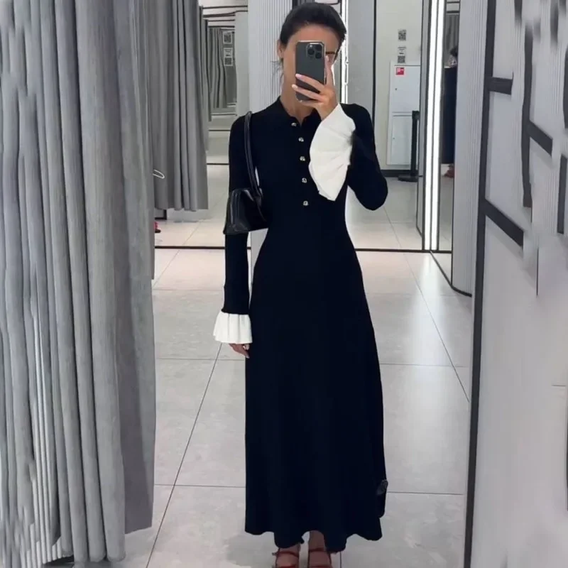 

Talenza Black Knitted Long Dress Women's Elegant Patchwork Long Sleeve Party Dress Casual Slim Fit Commuting Retro Knitted Dress