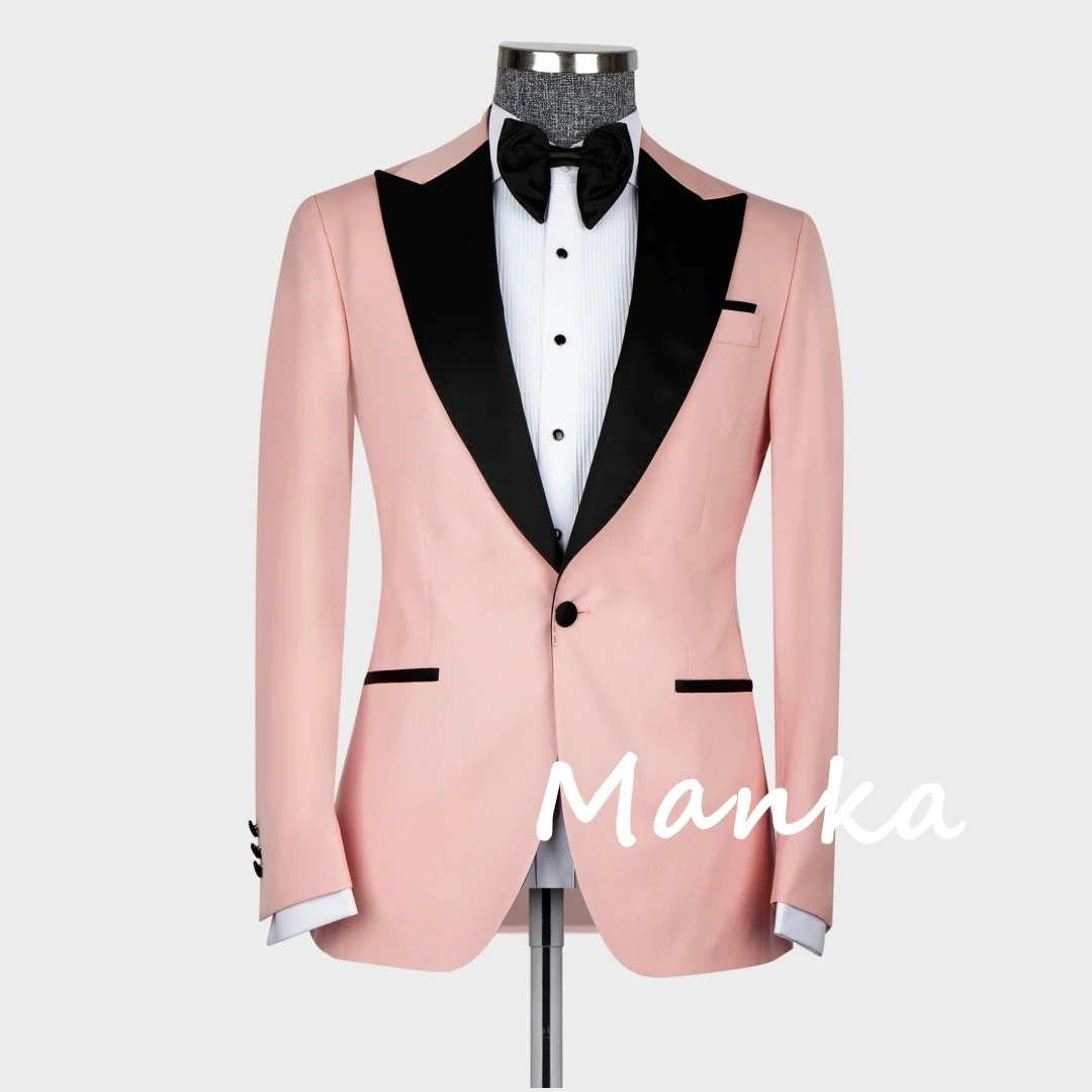 Black Satin Collar Pink Wedding Tuxedo Groom Suits 3pcs Blazer Vest Pants Customized Formal Prom Party Male Suit