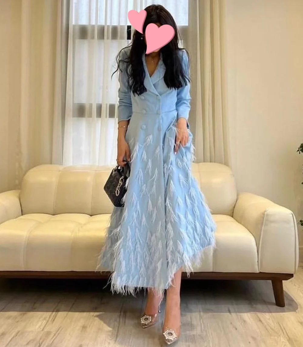 Vestido de graduación de Arabia Saudita, traje de satén con botones, plumas, quinceañera, línea A, cuello en V, ocasiones a medida, largo