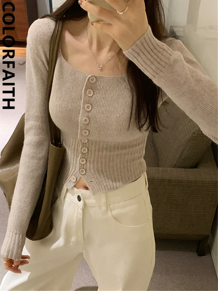 Colorfaith SWM163 New 2024 Slim Vintage Elegant Lady Chic Wild Korean Fashion Knitted Women Sweaters Autumn Winter Short Tops