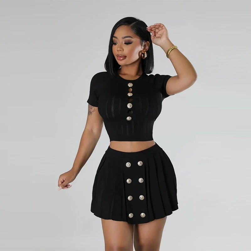 Fashion Streetwear Women Hollow Knitting Round Neck Short Sleeve Crop Top And Pleated Mini Skirts Two Piece Sets 2024