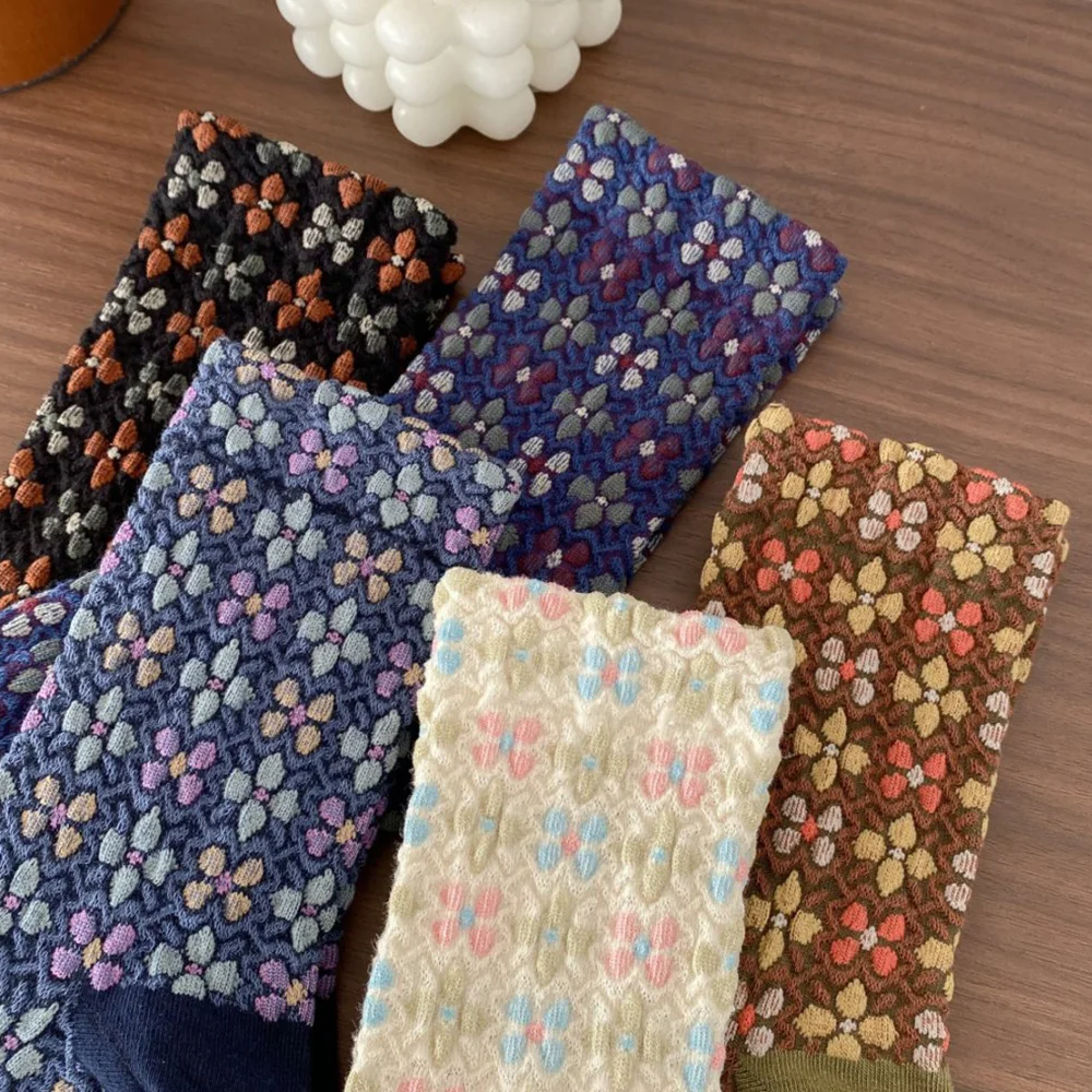 5 Pair/Lot Fashion Print Patterns Women Socks Vintage Harajuku Middle Tube Cute Street Style Autumn  Winter Long Sokken Vrouwen