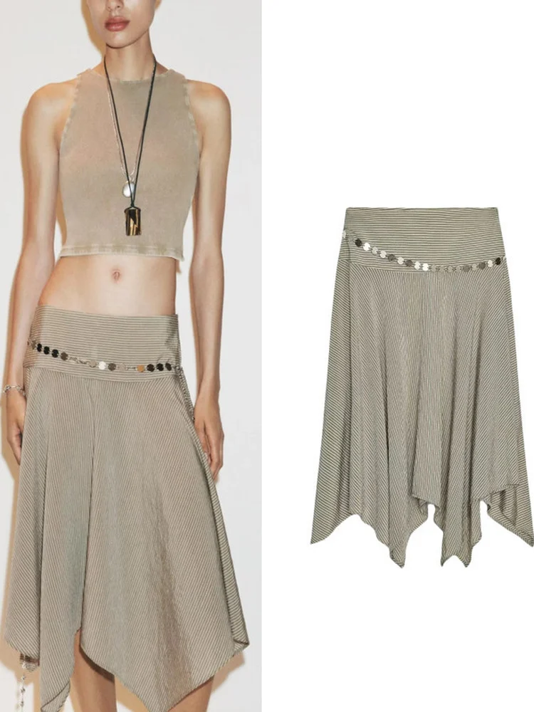 

Faionable High Waist Asymmetric Hem Midi Skirt with Belt Design Striped Summer New Women's Clothing Design Sense Skirt