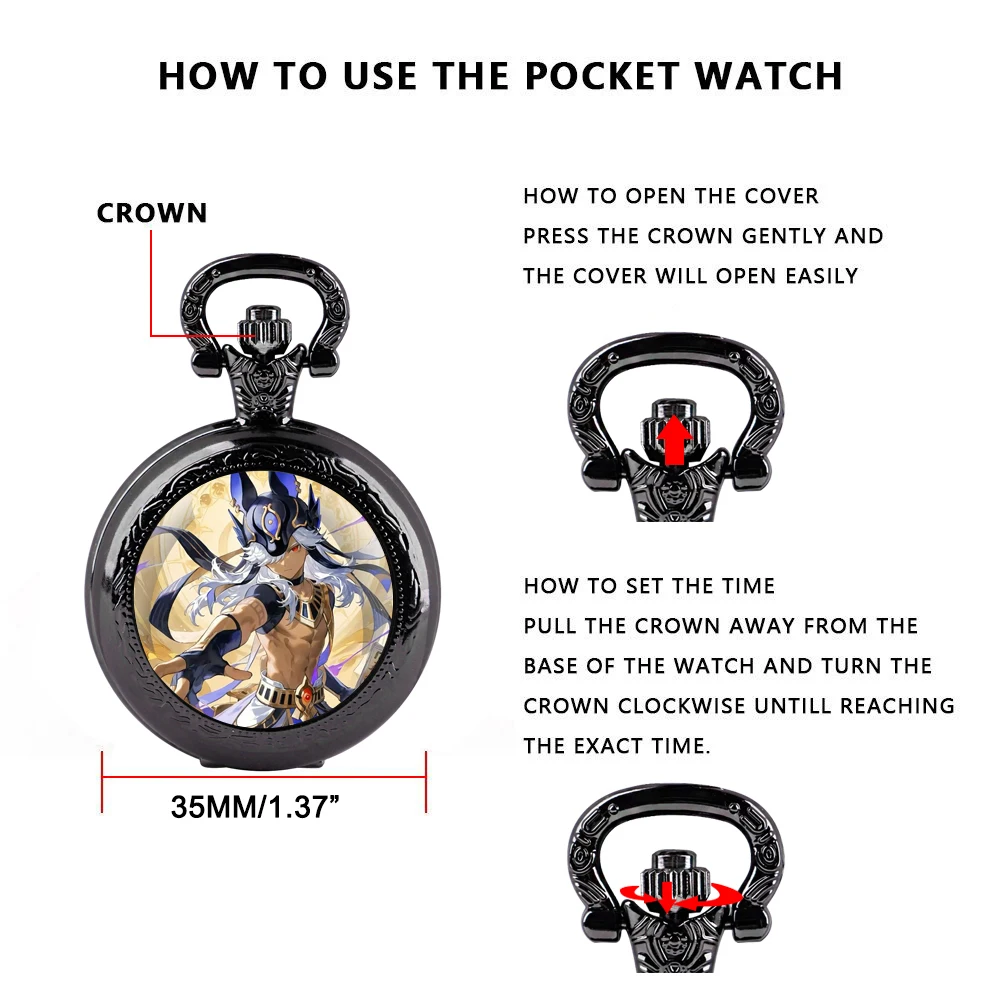 Video Game Character Glass Dome Quartz Pocket Watch Equipped with Long-Lasting Chain Arabic Numeral Display Great Halloween Gift