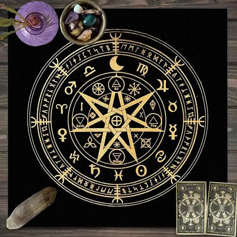 VIKAMA Black Gold Pentagram Four Elements Tarot Tablecloth Mysterious Divination Altar Cloth Ritual Table Mat Background Cloth