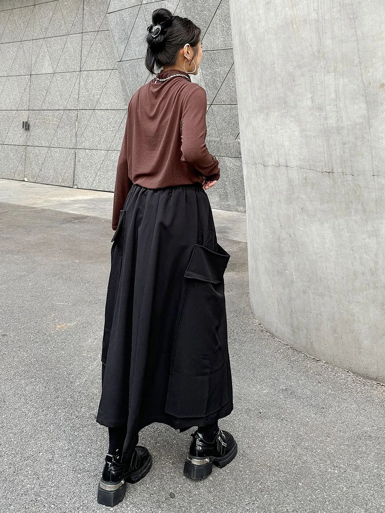 [EAM] High Elastic Waist Gray Big Pocket Thick Long Straight Half-body Skirt Women Fashion Tide New Spring Autumn 2024 1DH7833