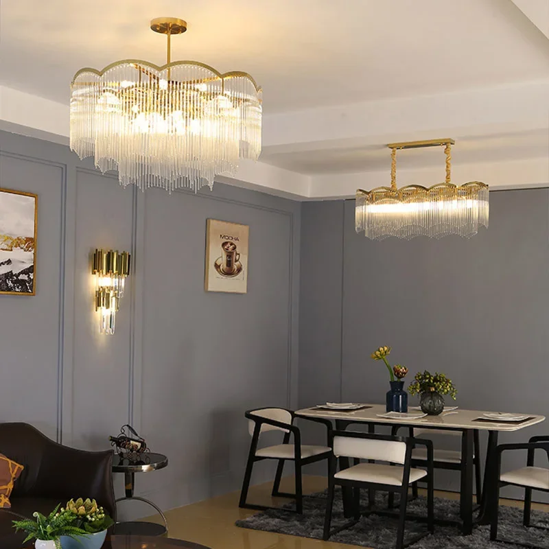 Lámparas colgantes de cristal modernas, candelabro adecuado para dormitorio, sala de estar, comedor, Bombilla E14, iluminación de araña de cristal dorado