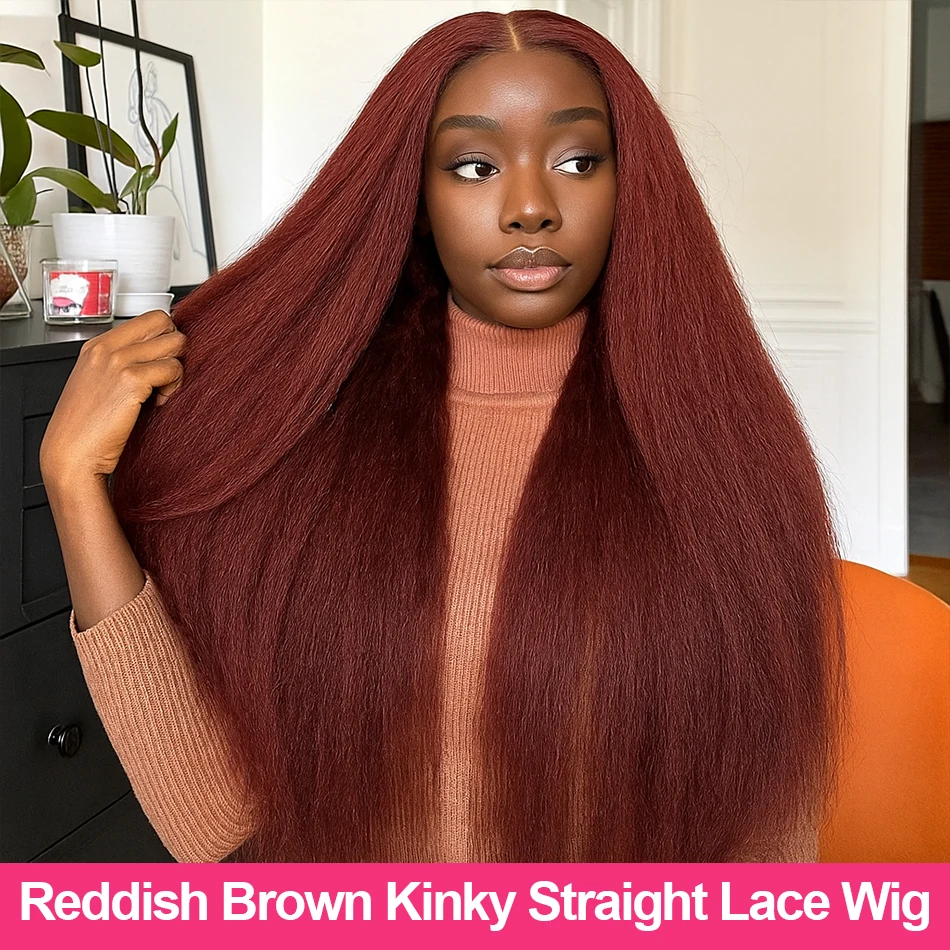 

Kinky Straight Reddish Brown 13x4 Lace Front Wigs Human Hair Preplucked Auburn Colored Human Hair HD Lace Frontal Wig 200Density