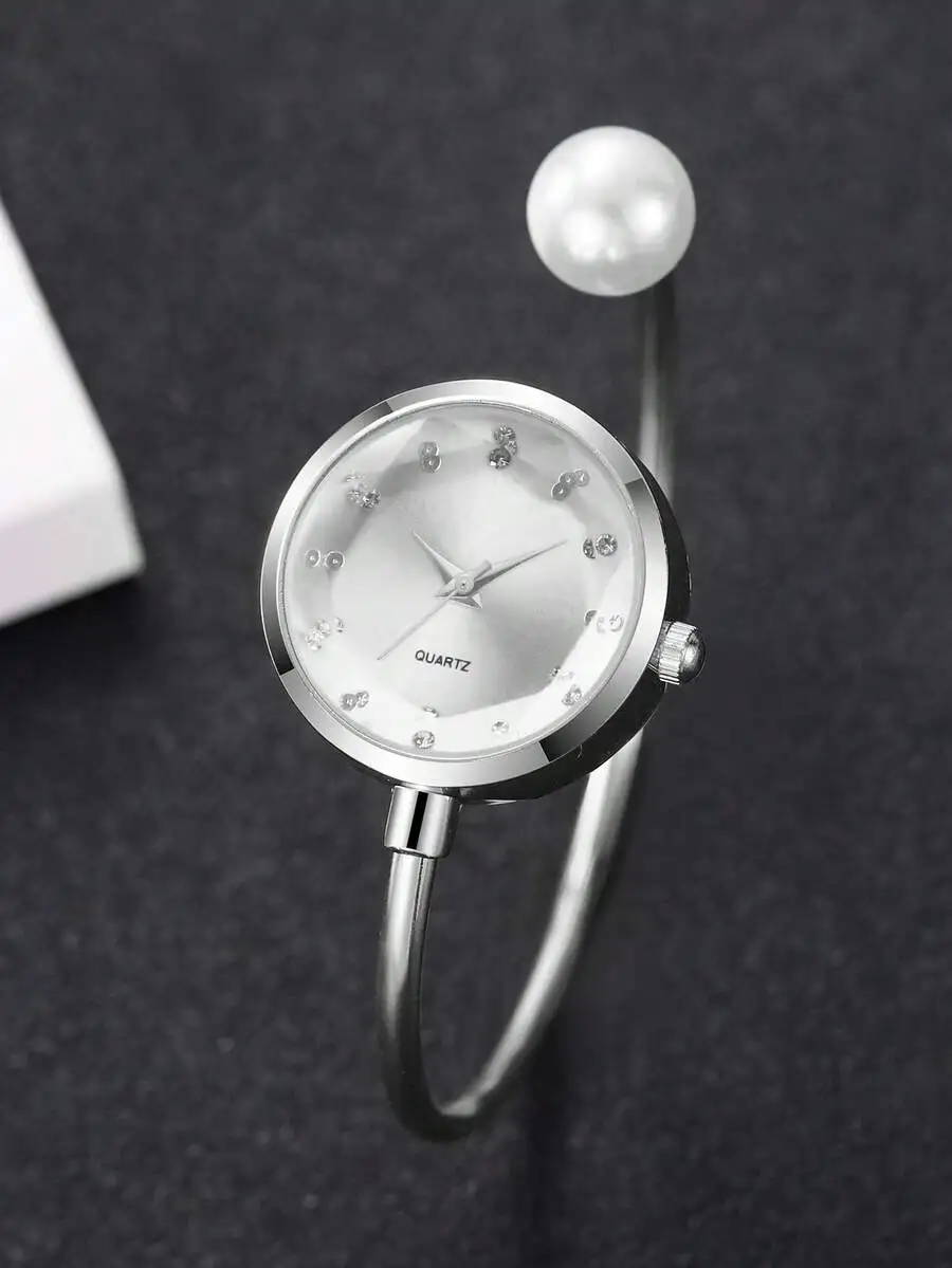 1pc Women's Gift Watch, Delicate Compact Minimalist Rhinestone Dial, Versatile Ladies Quartz Wrist Watch, Pearl Bracelet