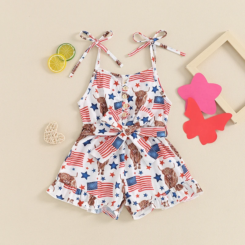 1-5Y Kids Girl 4th of July Romper Cute Sleeveless Tie Strap Button Jumpsuit Independence Day Overalls Playsuit with Belt