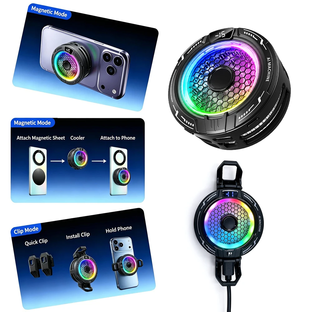 Magnetic Smartphone Cooler with Back Clip Universal Cell Phone Cooler with RGB AI Intelligent Cooling for iPhone Xiaomi HUAWEI