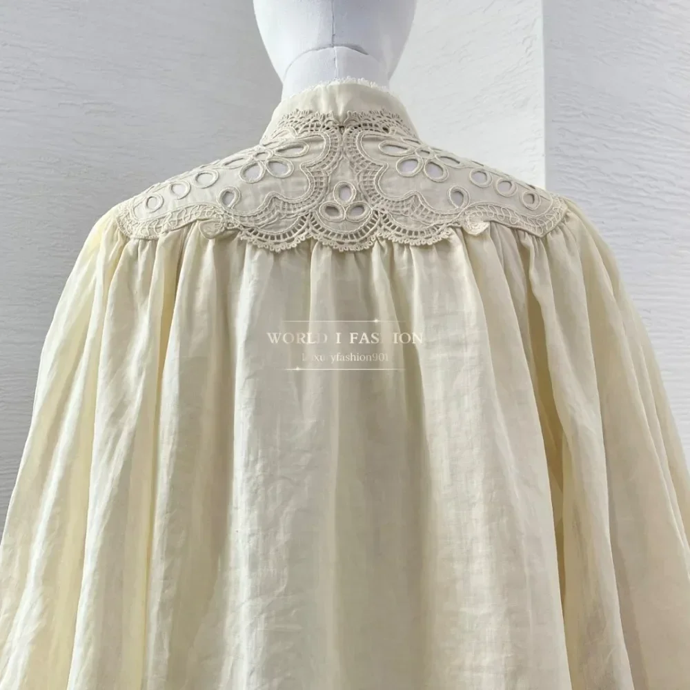 

2025 Women's Fashion Beige Long Sleeve Embroidery Lantern Sleeve Shirts & Blouses Tops
