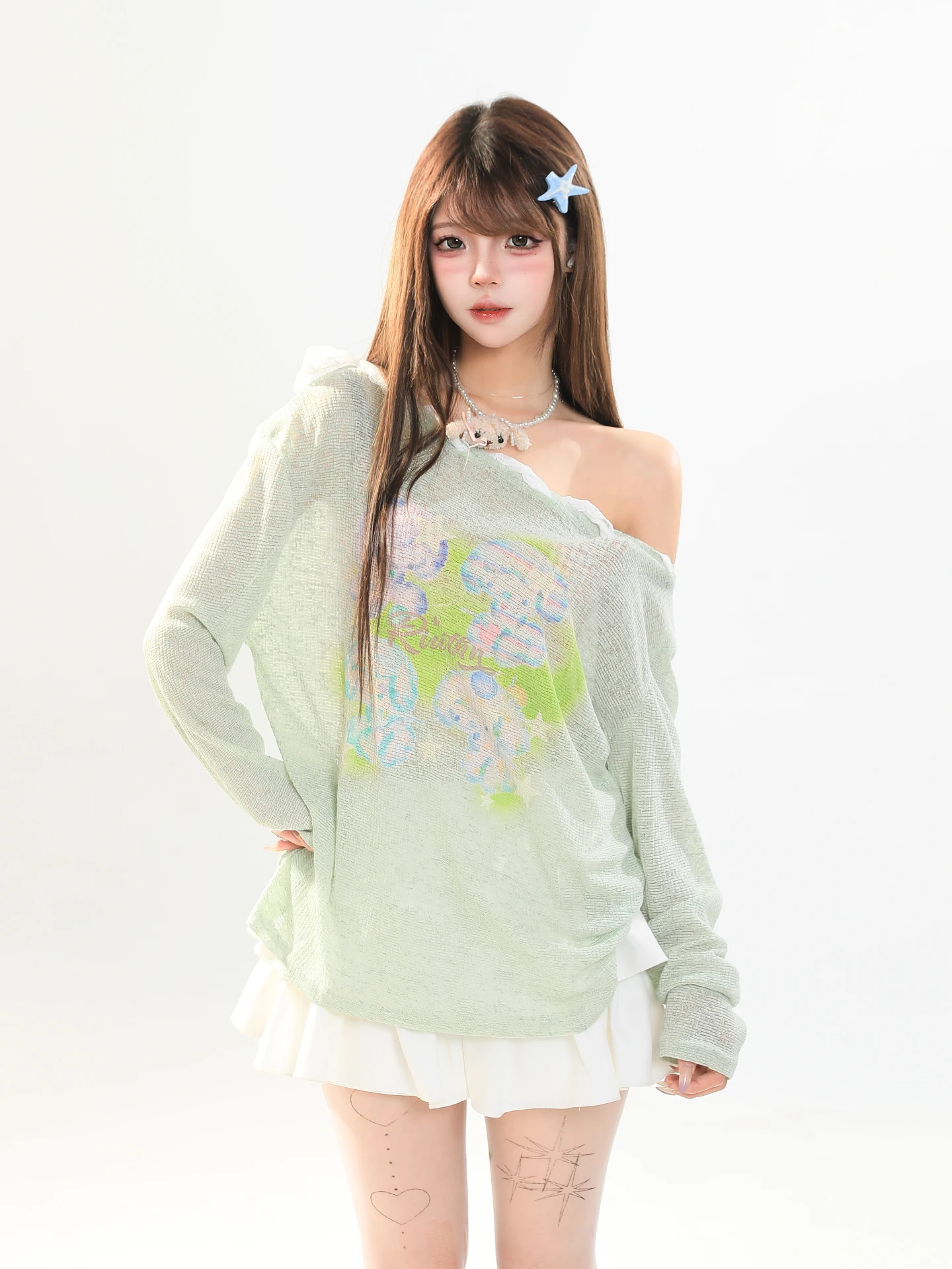 Sweet Floral Lace Shoulder Bared Long Sleeve T Shirt Women's Loose Slimming Young-looking Translucent Cover-up Top Casual Sty...