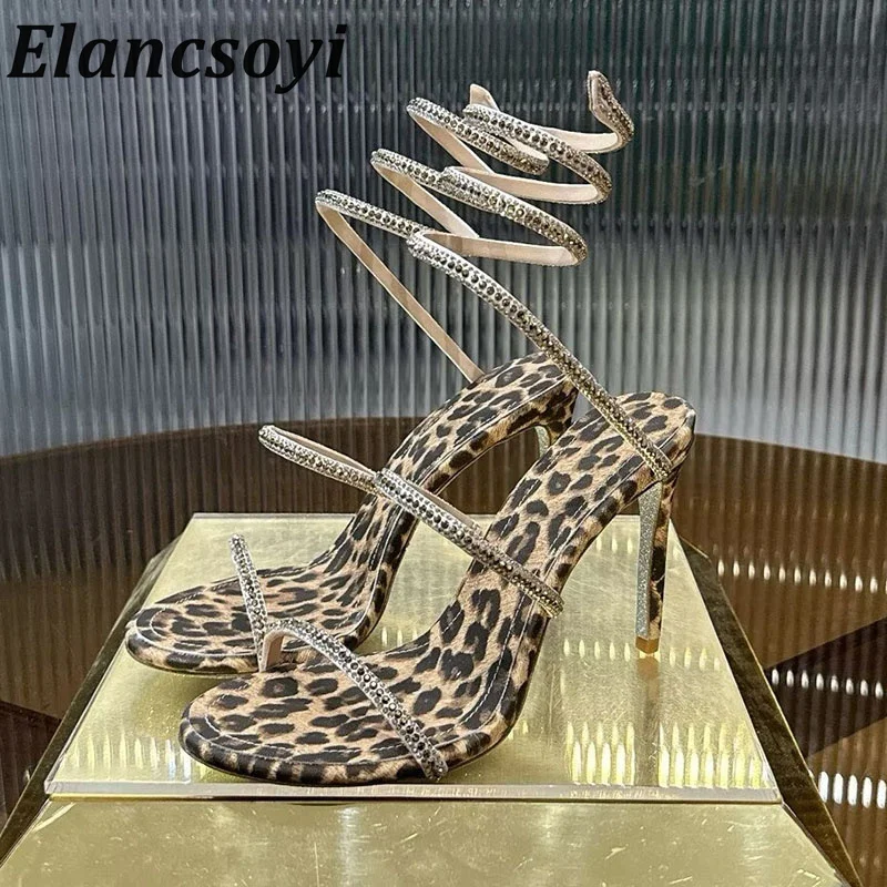 2026 New sandals for women shiny rhinestone ankle snake shaped wrapped sandals sexy slim high heels open toed party shoes
