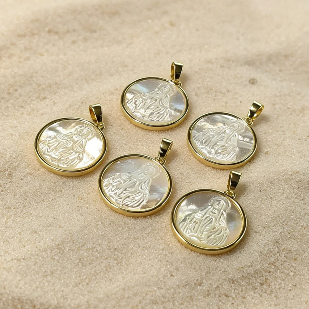 Religious Gold Plated Virgin Mary Mother of Pearl Medal Charms Full Bezel Single Bail Bulk Jewelry Making Findings P2D656