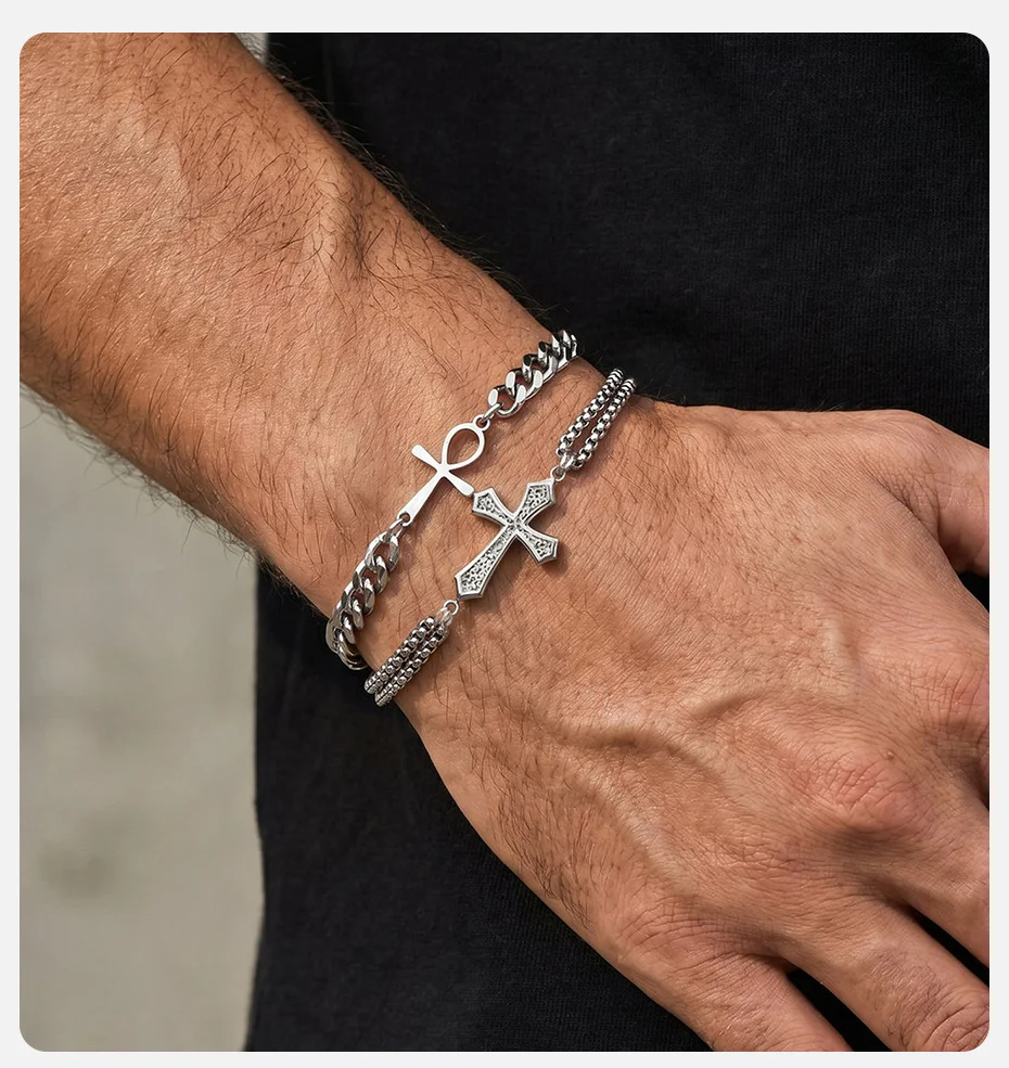 Vnox Edelstahl-Kreuz-Ankh-Charm-Armband für Männer und Frauen, kubanische Box-Kette, verstellbar 18–23 cm, gotischer religiöser Schmuck, Geschenk – Detail 2