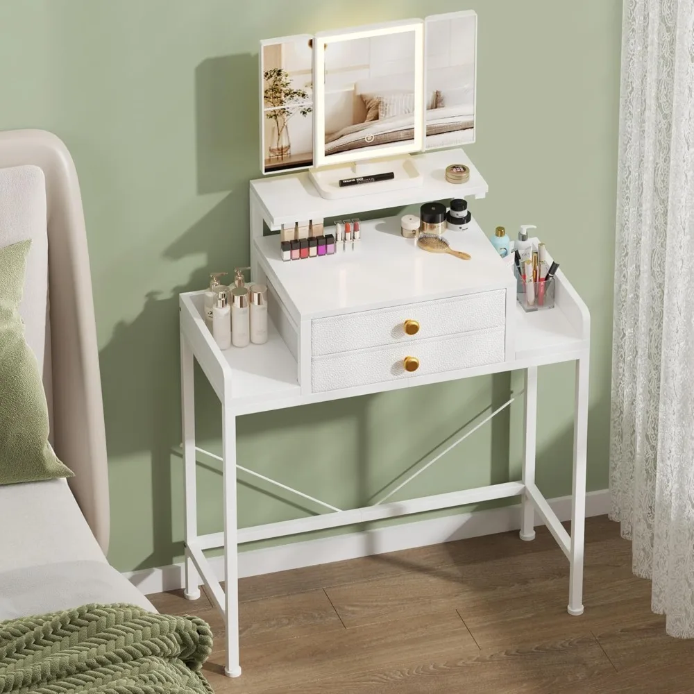 

Vanity Desk with Mirror and Lights, 28.4''W Small Makeup Vanity Table with Height-Adjustable Stand, 2 Fabric Drawers Compact Mak
